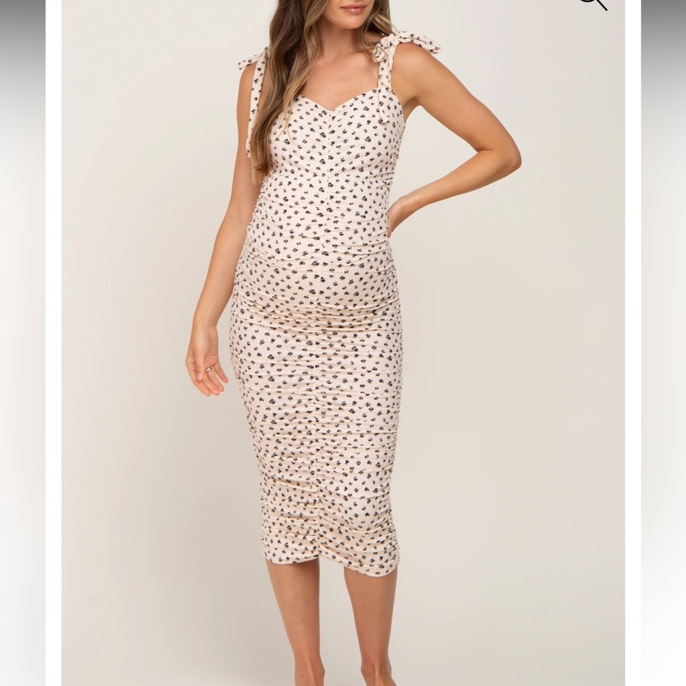 Cream Ditsy Floral Ribbed Ruched Shoulder Tie Maternity Dress